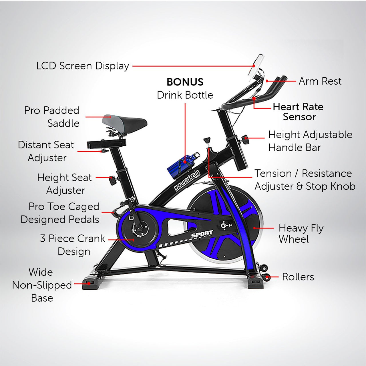 Powertrain Home Gym Flywheel Exercise Spin Bike - Blue