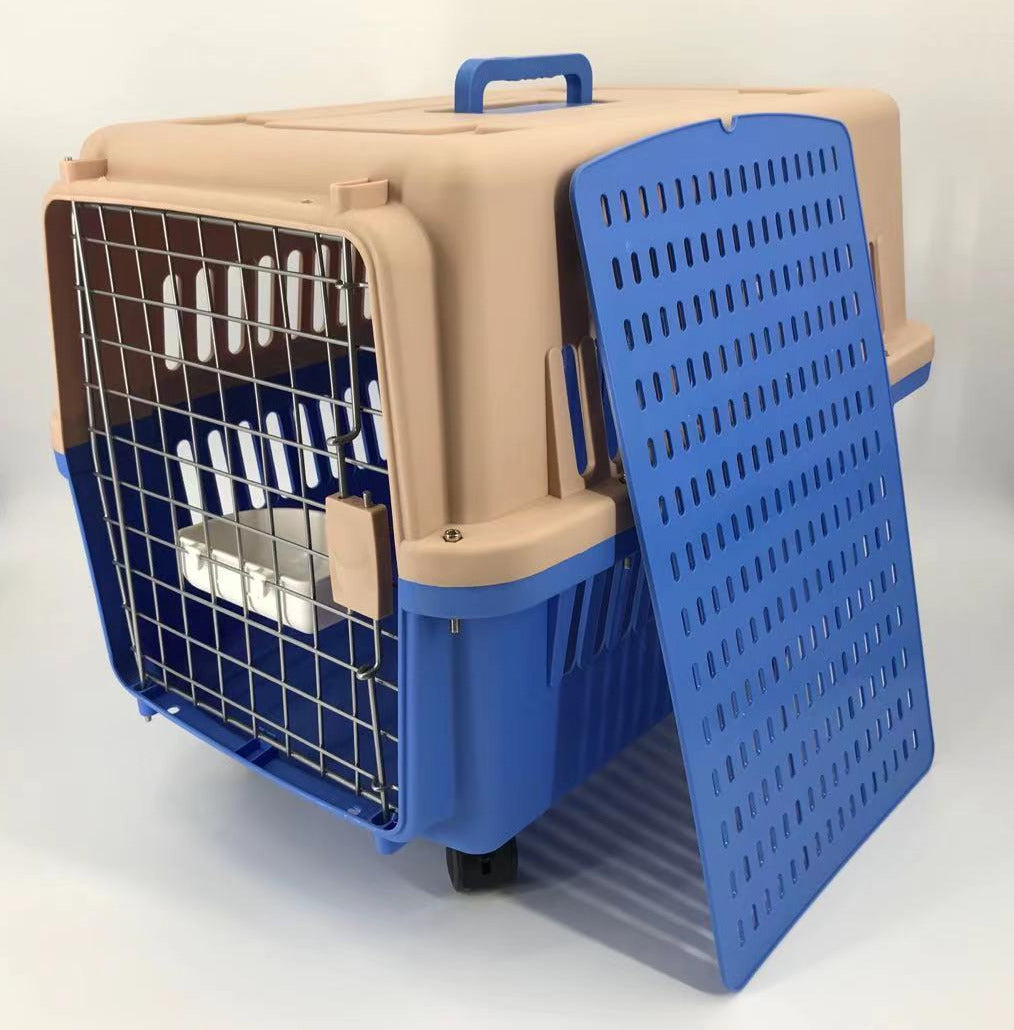 YES4PETS Blue Large Dog Puppy Cat Crate Pet Carrier Cage With Tray, Bowl & Wheel