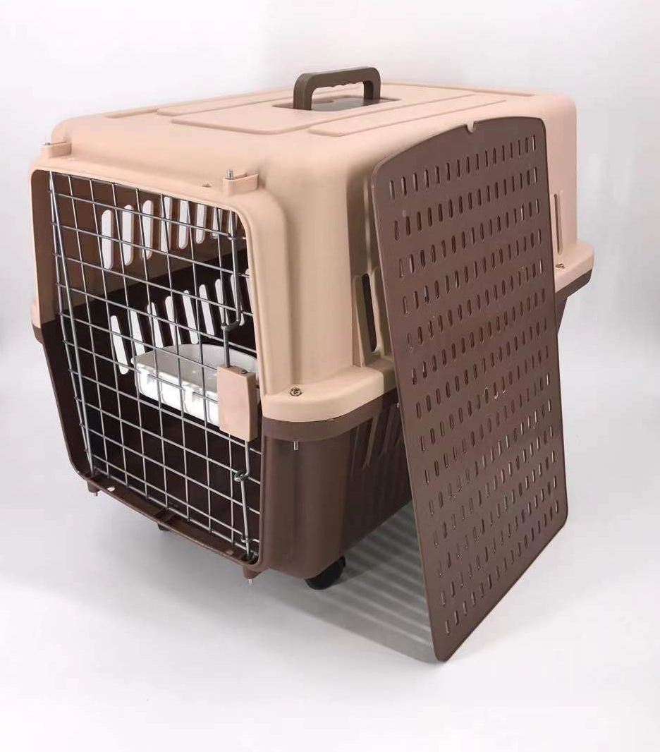 YES4PETS Brown Large Dog Puppy Cat Crate Pet Carrier Cage With Tray, Bowl & Wheel