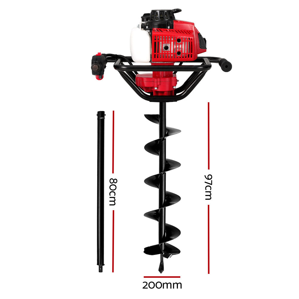 Giantz 80CC Post Hole Digger 200mm Petrol Drill Extension Auger Bits - Bring To Door 