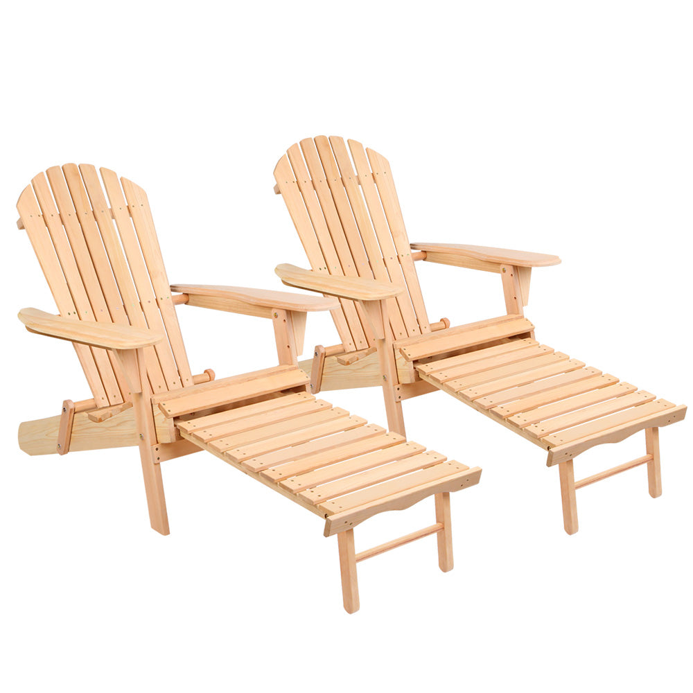 Gardeon 2PC Adirondack Outdoor Chairs Wooden Sun Lounge Patio Furniture Garden Natural - Bring To Door 