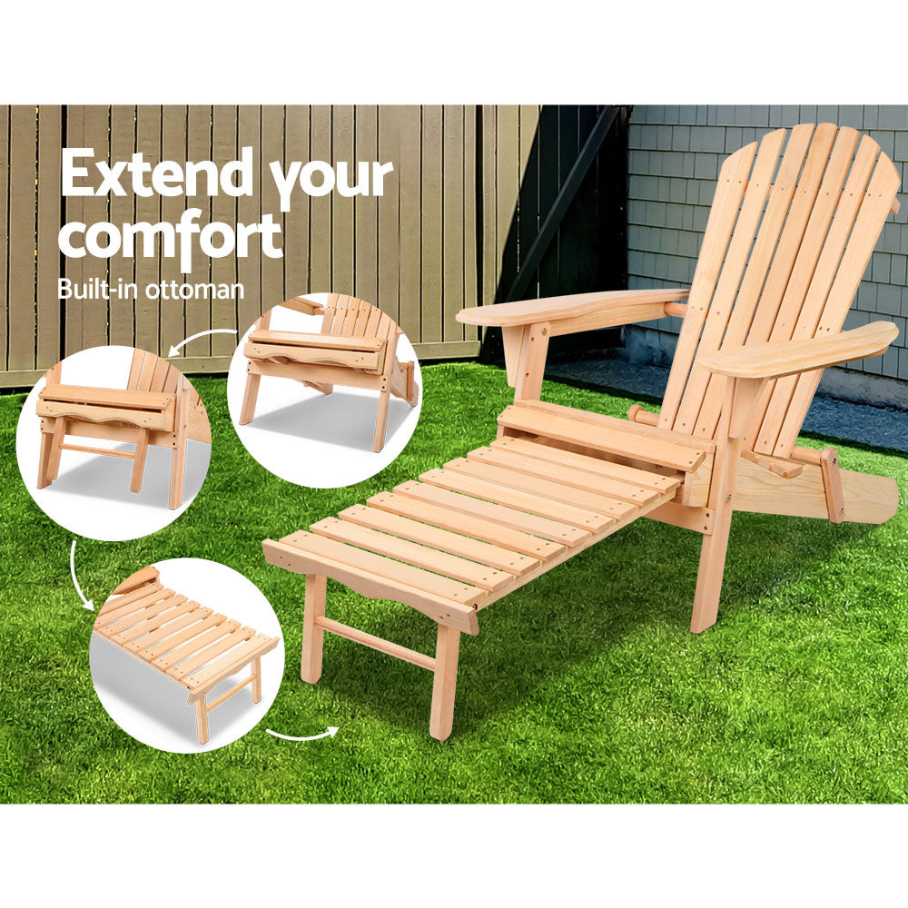 Gardeon 2PC Adirondack Outdoor Chairs Wooden Sun Lounge Patio Furniture Garden Natural - Bring To Door 