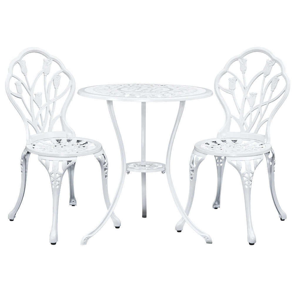 Gardeon 3PC Outdoor Setting Bistro Set Chairs Table Cast Aluminum Patio Furniture Tulip White - Bring To Door 