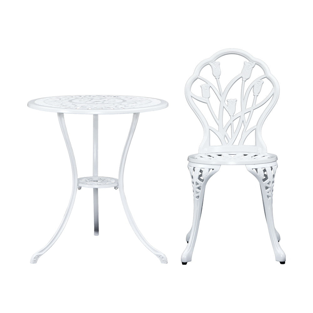 Gardeon 3PC Outdoor Setting Bistro Set Chairs Table Cast Aluminum Patio Furniture Tulip White - Bring To Door 