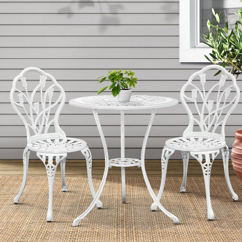 Gardeon 3PC Outdoor Setting Bistro Set Chairs Table Cast Aluminum Patio Furniture Tulip White - Bring To Door 