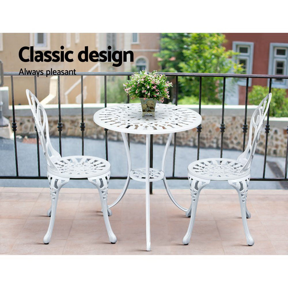 Gardeon 3PC Outdoor Setting Bistro Set Chairs Table Cast Aluminum Patio Furniture Tulip White - Bring To Door 