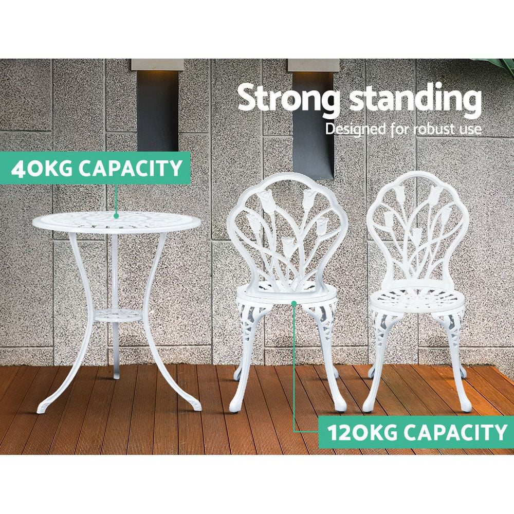 Gardeon 3PC Outdoor Setting Bistro Set Chairs Table Cast Aluminum Patio Furniture Tulip White - Bring To Door 