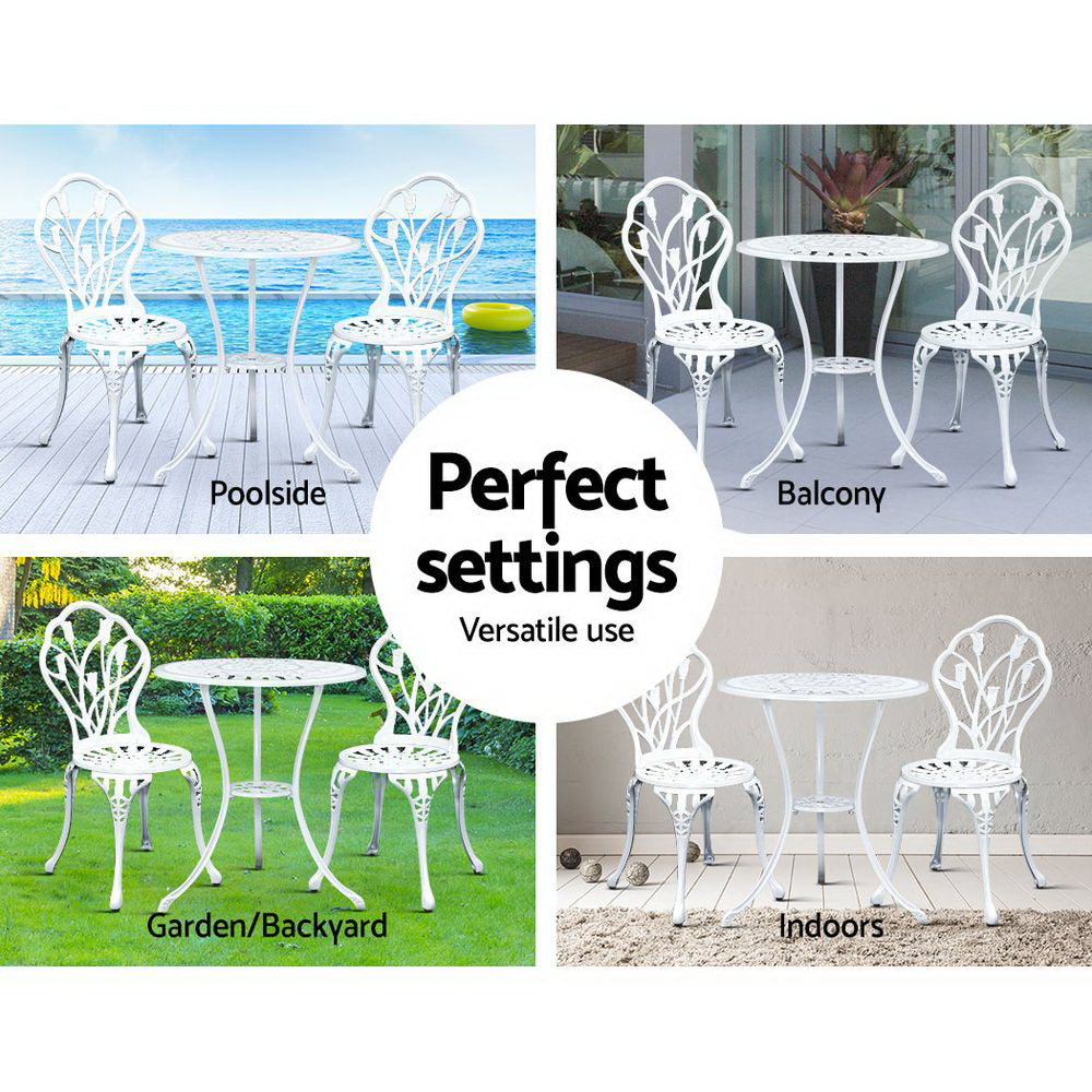 Gardeon 3PC Outdoor Setting Bistro Set Chairs Table Cast Aluminum Patio Furniture Tulip White - Bring To Door 