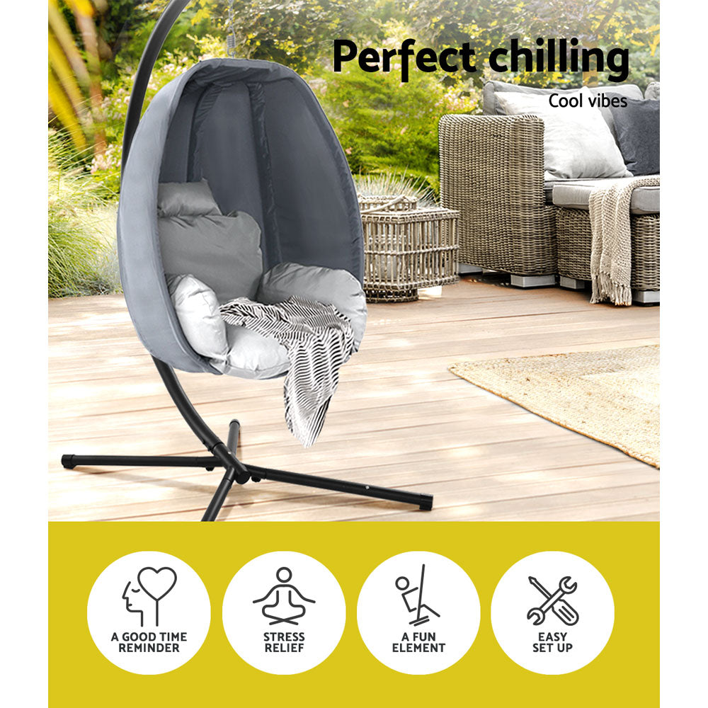 Gardeon Outdoor Egg Swing Chair Patio Furniture Pod Stand Canopy Foldable Grey - Bring To Door 