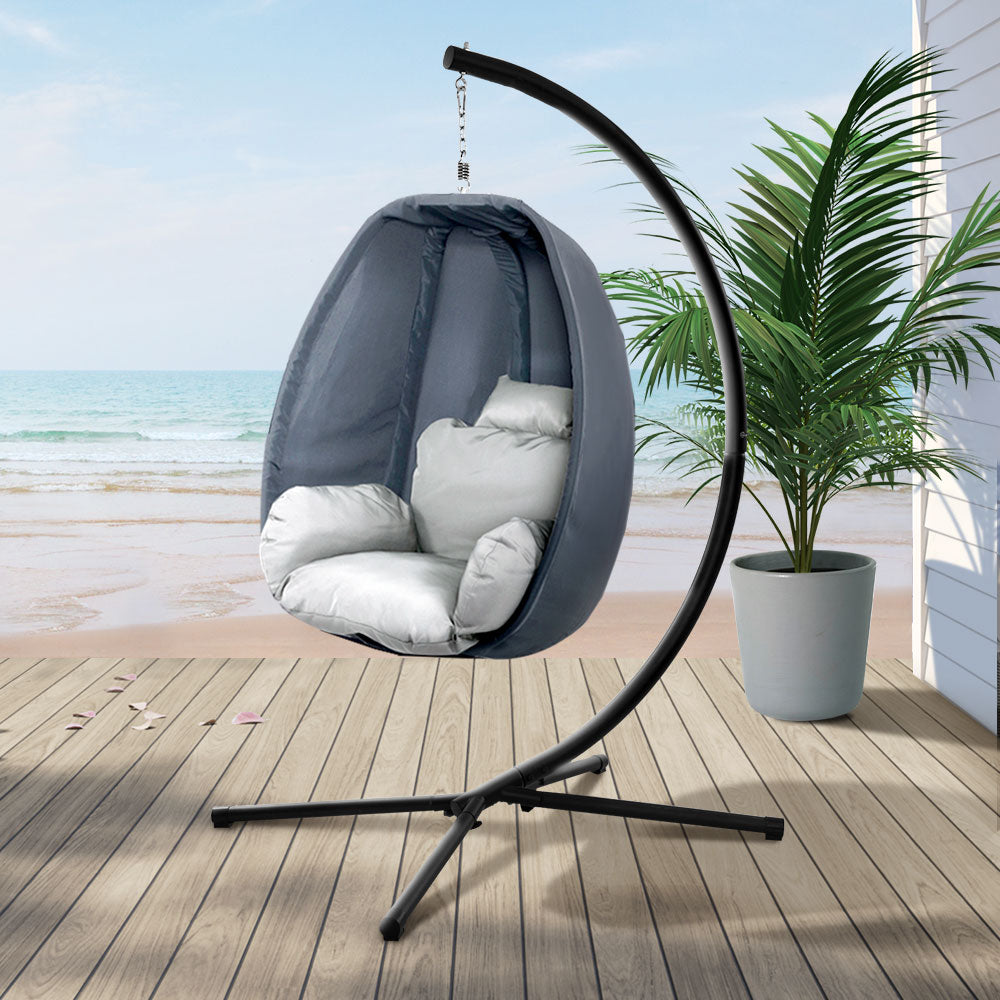 Gardeon Outdoor Egg Swing Chair Patio Furniture Pod Stand Canopy Foldable Grey - Bring To Door 