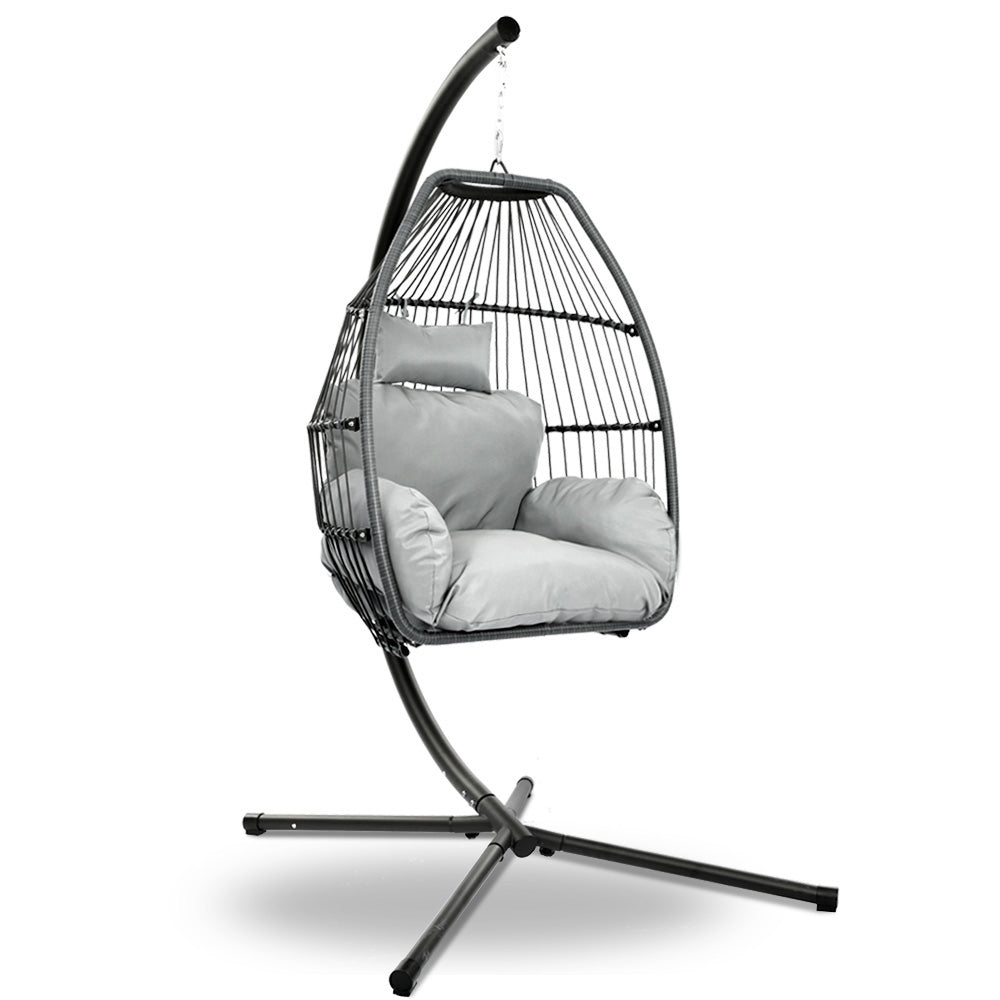 Gardeon Outdoor Egg Swing Chair Wicker Rope Furniture Pod Stand Cushion Grey - Bring To Door 