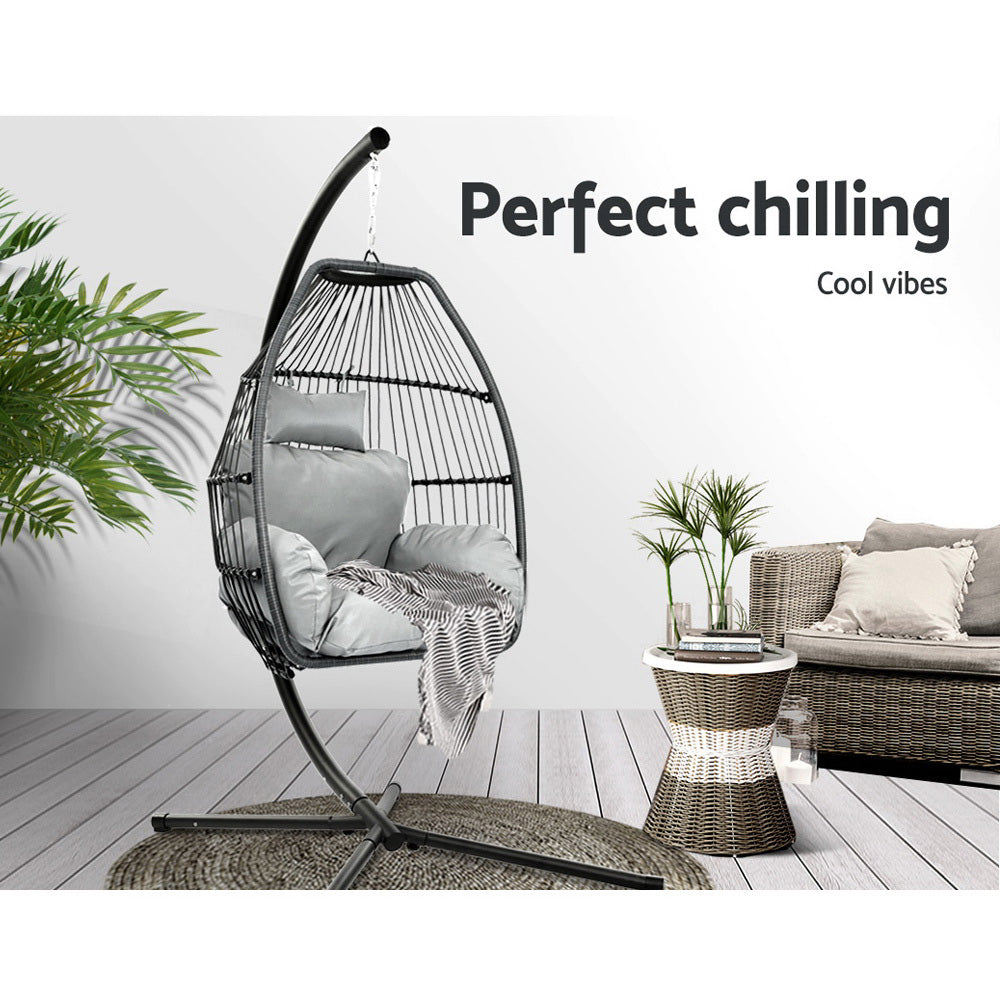 Gardeon Outdoor Egg Swing Chair Wicker Rope Furniture Pod Stand Cushion Grey - Bring To Door 