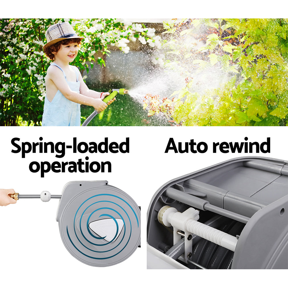 Water Hose Reel 30M Retractable Garden Auto Rewind Brass Spray Gun - Bring To Door 