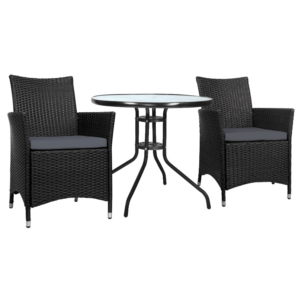 Gardeon 3PC Bistro Set Outdoor Furniture Rattan Table Chairs Cushion Patio Garden Idris - Bring To Door 