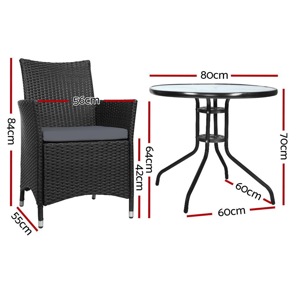 Gardeon 3PC Bistro Set Outdoor Furniture Rattan Table Chairs Cushion Patio Garden Idris - Bring To Door 