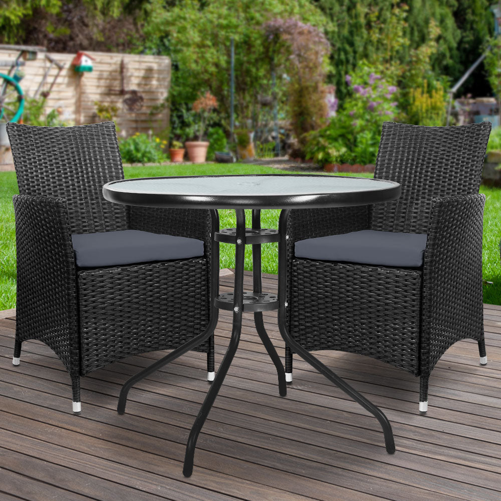 Gardeon 3PC Bistro Set Outdoor Furniture Rattan Table Chairs Cushion Patio Garden Idris - Bring To Door 