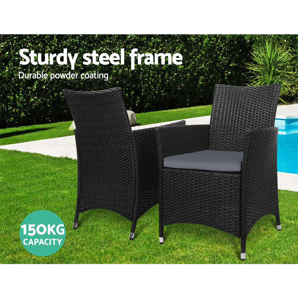 Gardeon 3PC Bistro Set Outdoor Furniture Rattan Table Chairs Cushion Patio Garden Idris - Bring To Door 