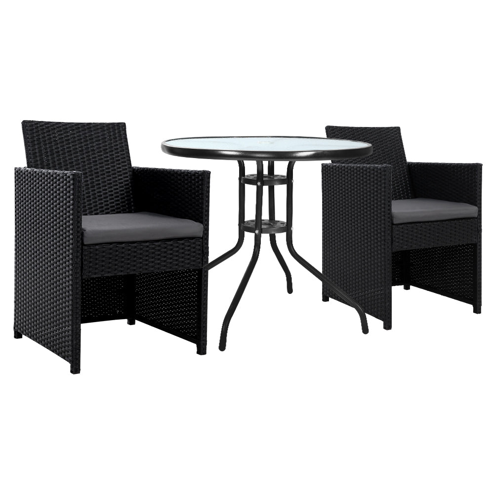 Gardeon 3PC Bistro Set Outdoor Furniture Rattan Table Chairs Cushion Patio Garden Hugo - Bring To Door 