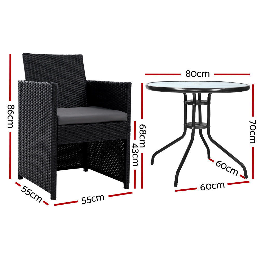 Gardeon 3PC Bistro Set Outdoor Furniture Rattan Table Chairs Cushion Patio Garden Hugo - Bring To Door 