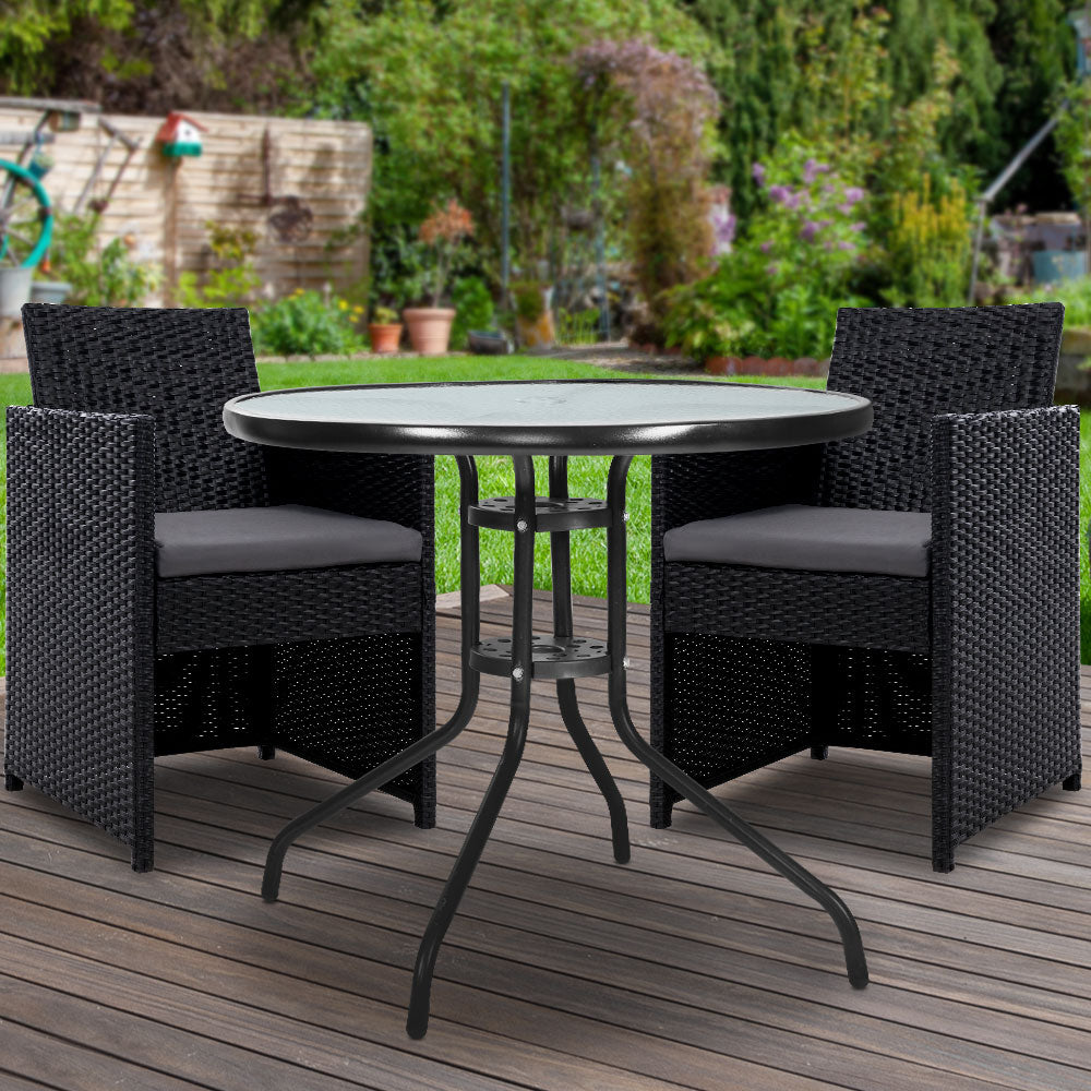 Gardeon 3PC Bistro Set Outdoor Furniture Rattan Table Chairs Cushion Patio Garden Hugo - Bring To Door 