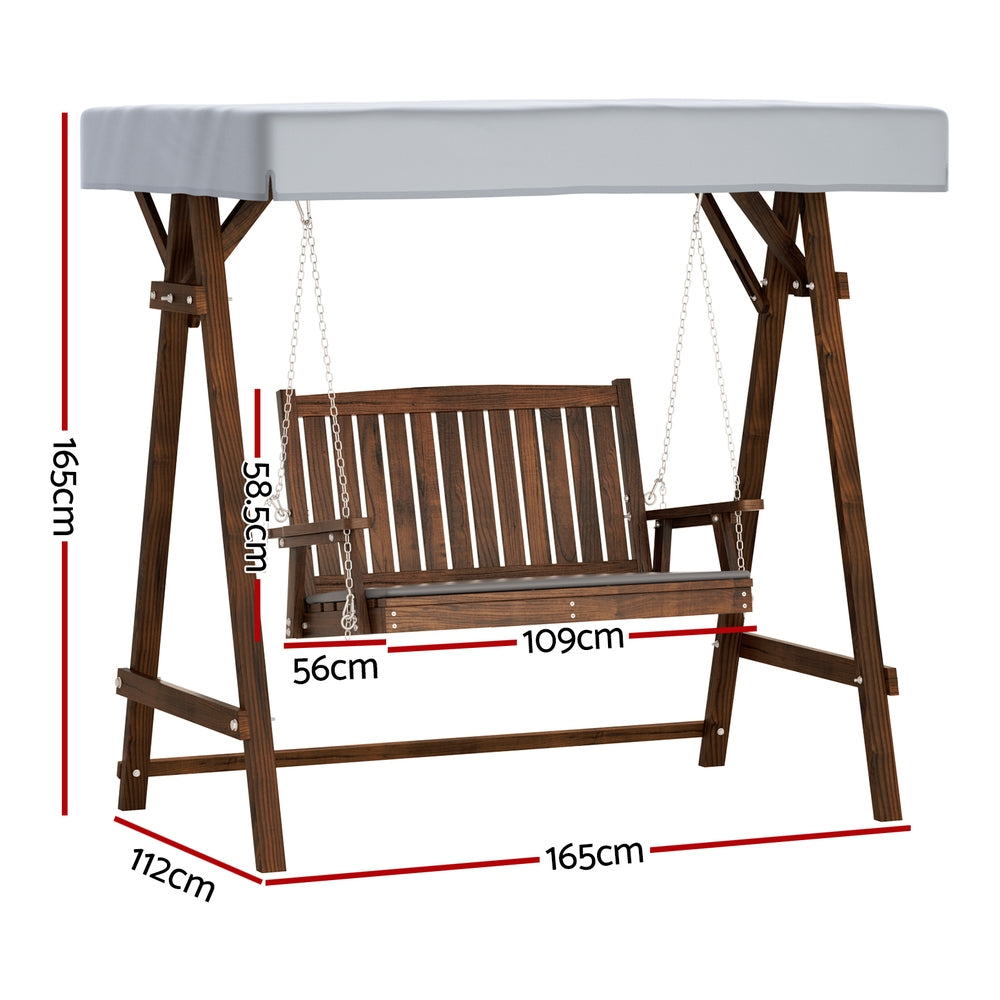 Gardeon Outdoor Wooden Swing Chair Garden Bench Canopy Cushion 2 Seater Charcoal - Bring To Door 