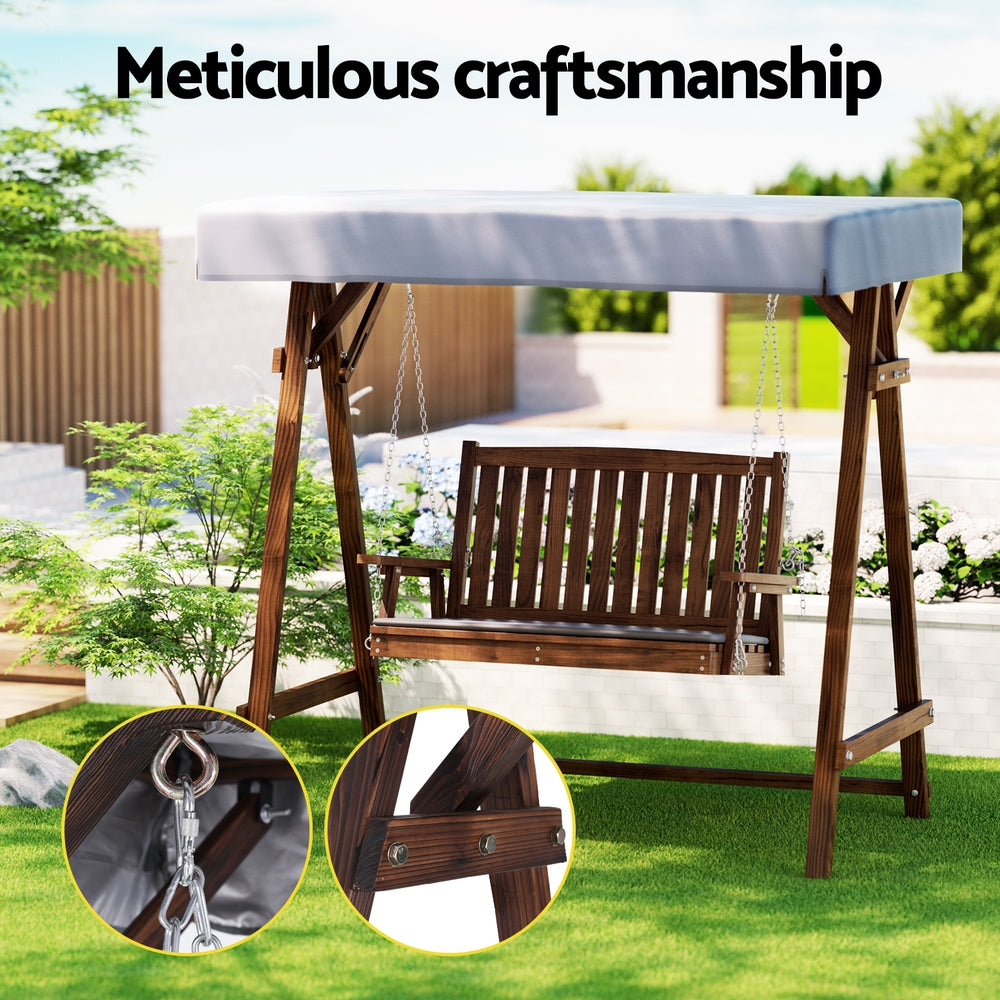 Gardeon Outdoor Wooden Swing Chair Garden Bench Canopy Cushion 2 Seater Charcoal - Bring To Door 