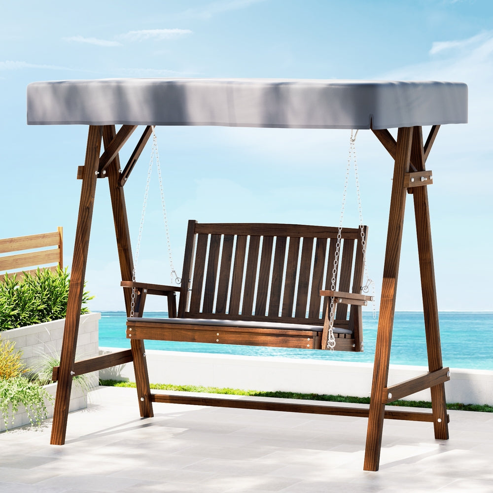 Gardeon Outdoor Wooden Swing Chair Garden Bench Canopy Cushion 2 Seater Charcoal - Bring To Door 