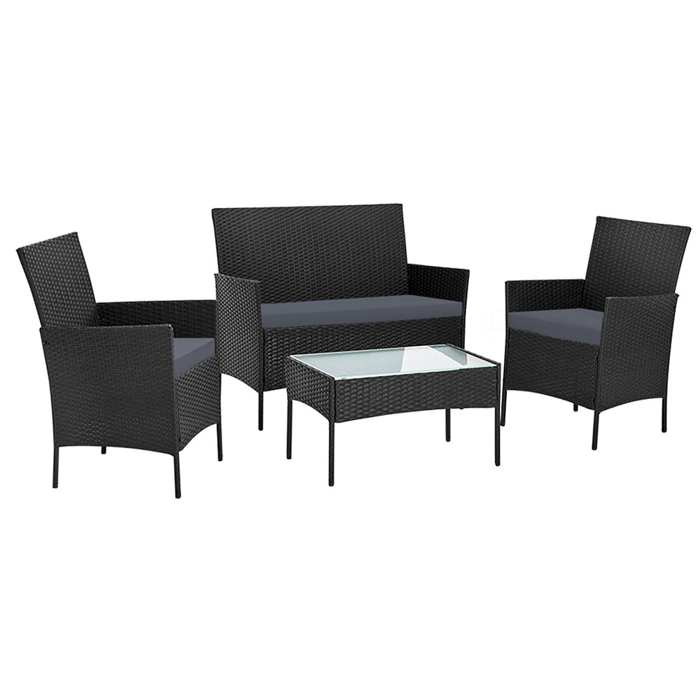 Gardeon 4 Seater Outdoor Sofa Set with Storage Cover Wicker Table Chair Black - Bring To Door 