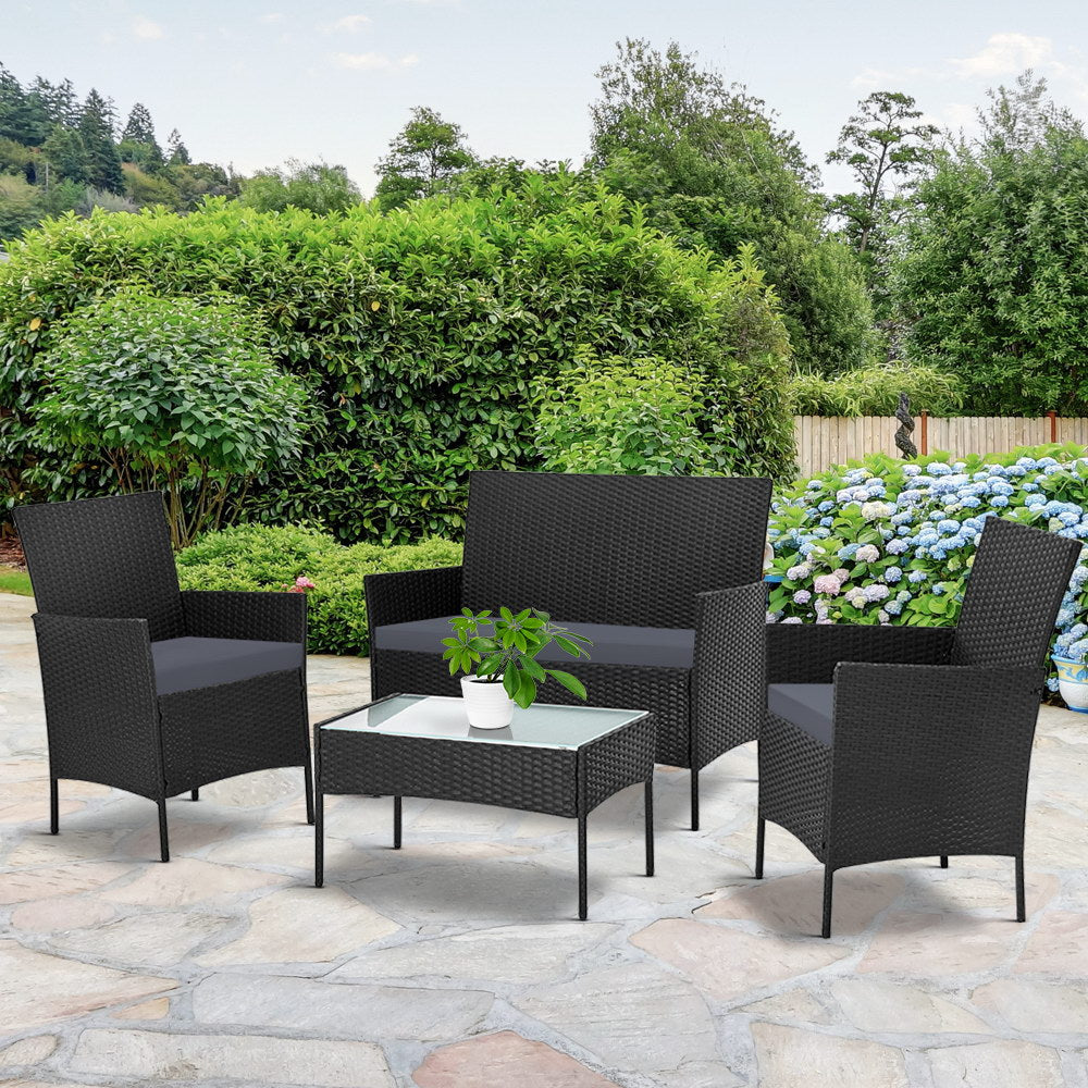 Gardeon 4 Seater Outdoor Sofa Set with Storage Cover Wicker Table Chair Black - Bring To Door 