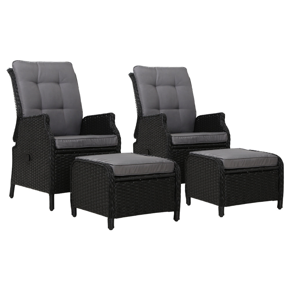 Gardeon 2PC Recliner Chair Sun lounge Wicker Lounger Outdoor Furniture Adjustable Black - Bring To Door 