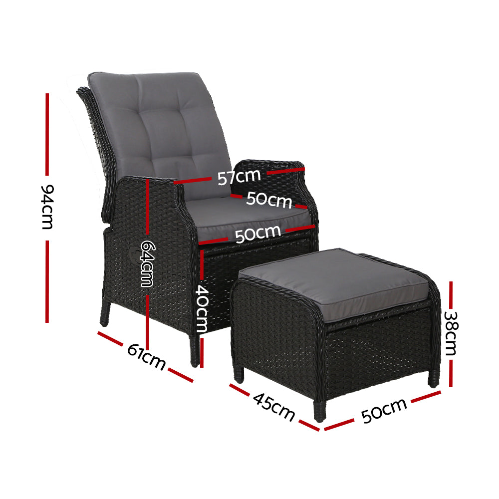 Gardeon 2PC Recliner Chair Sun lounge Wicker Lounger Outdoor Furniture Adjustable Black - Bring To Door 