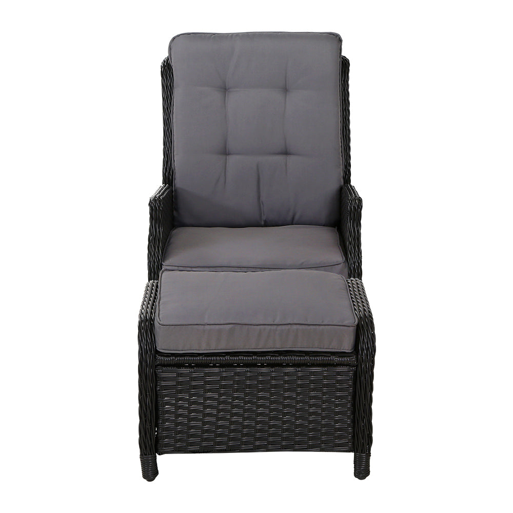 Gardeon 2PC Recliner Chair Sun lounge Wicker Lounger Outdoor Furniture Adjustable Black - Bring To Door 