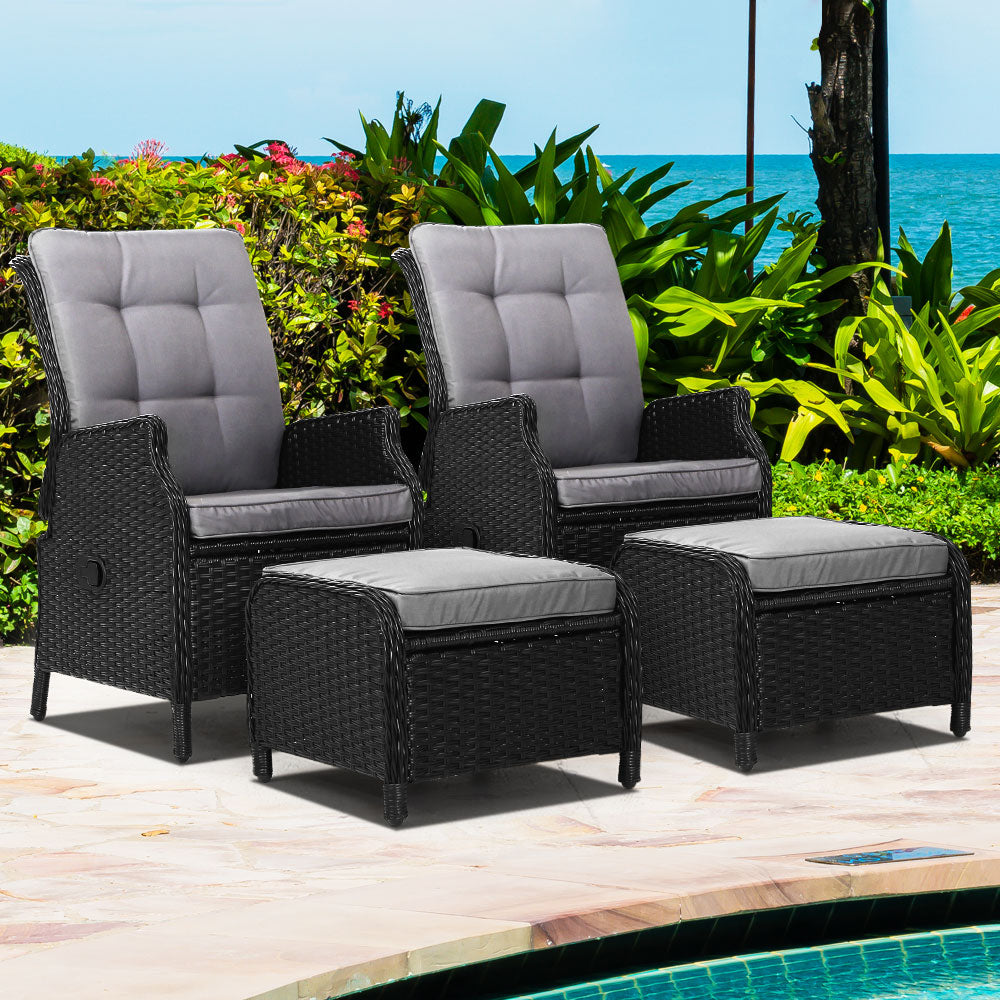 Gardeon 2PC Recliner Chair Sun lounge Wicker Lounger Outdoor Furniture Adjustable Black - Bring To Door 