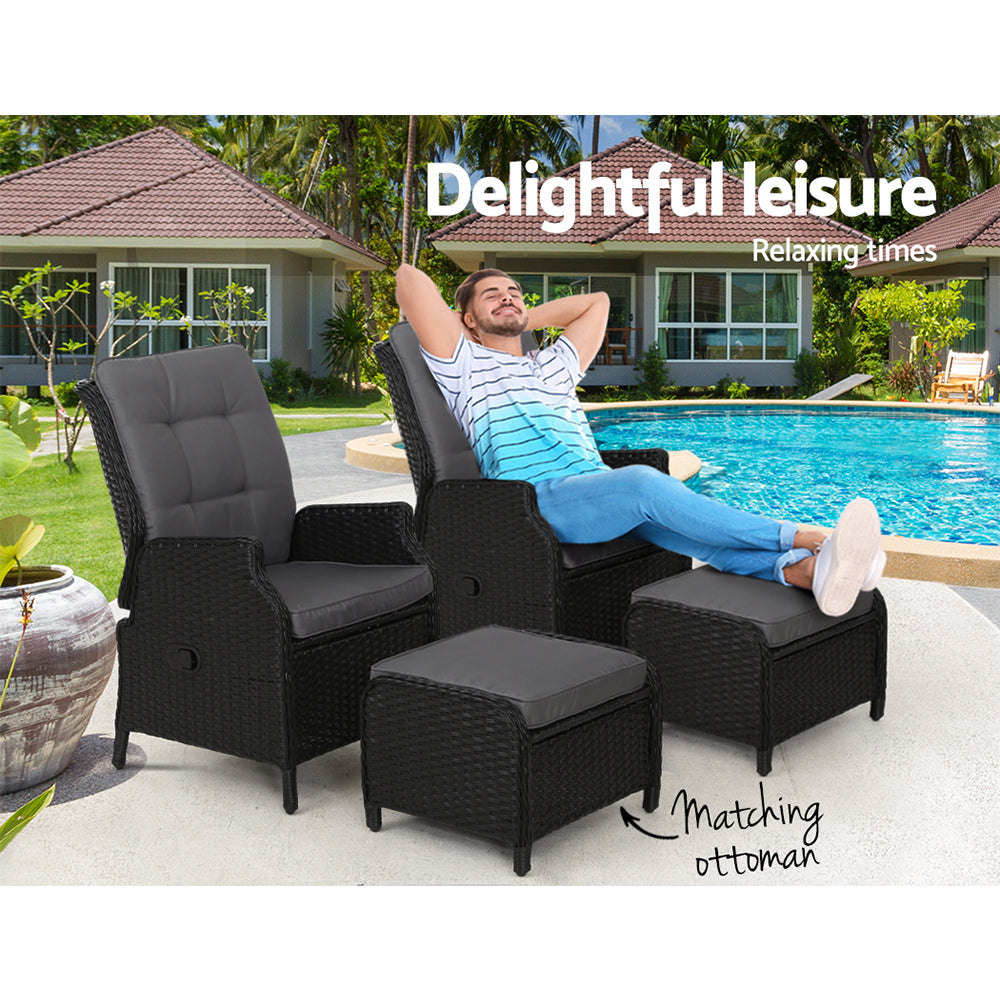 Gardeon 2PC Recliner Chair Sun lounge Wicker Lounger Outdoor Furniture Adjustable Black - Bring To Door 