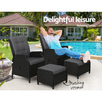 Thumbnail for Gardeon 2PC Recliner Chair Sun lounge Wicker Lounger Outdoor Furniture Adjustable Black - Bring To Door 