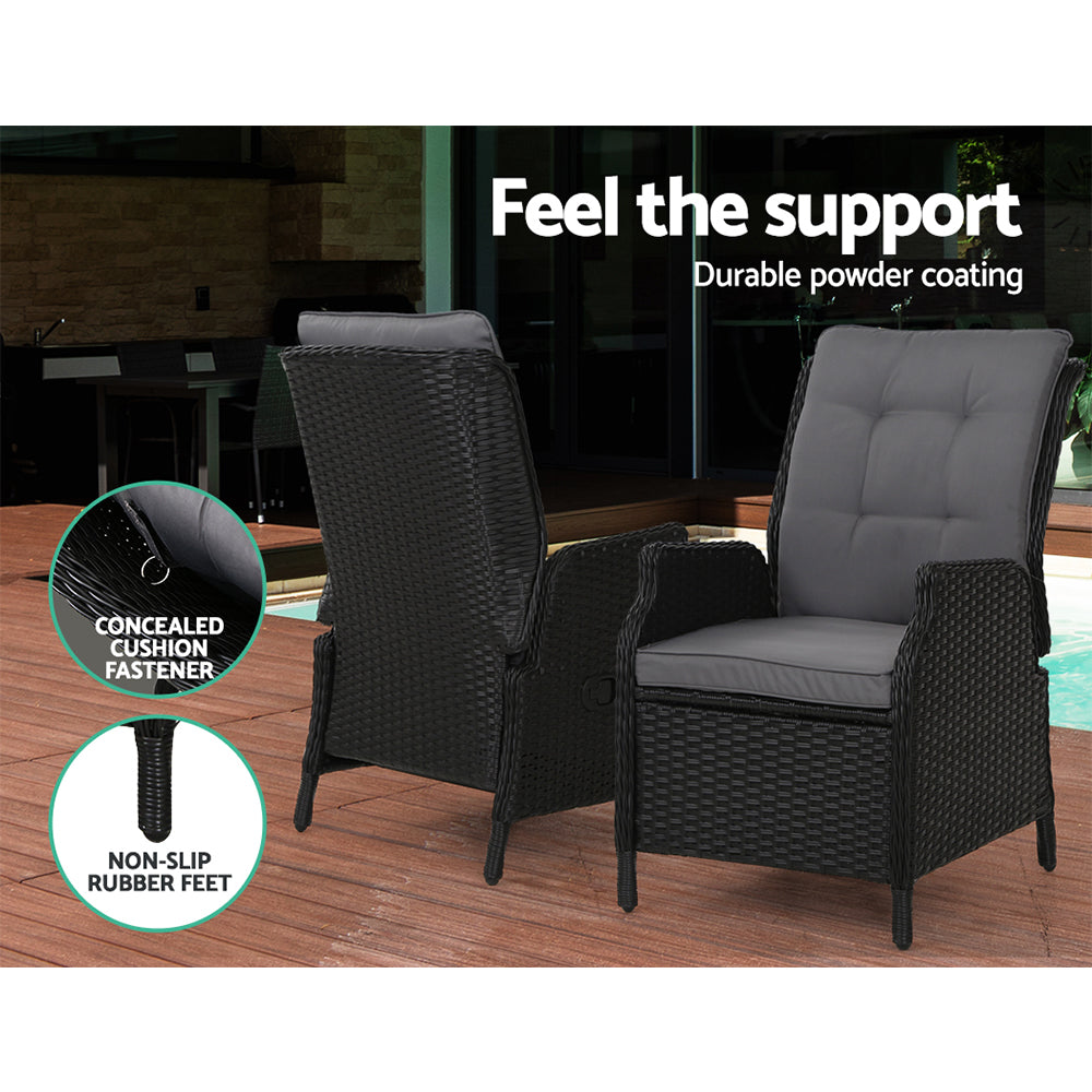 Gardeon 2PC Recliner Chair Sun lounge Wicker Lounger Outdoor Furniture Adjustable Black - Bring To Door 