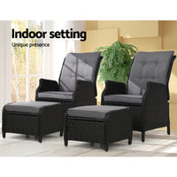 Thumbnail for Gardeon 2PC Recliner Chair Sun lounge Wicker Lounger Outdoor Furniture Adjustable Black - Bring To Door 