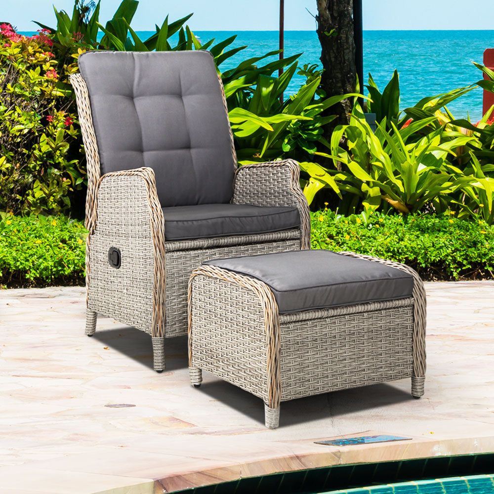 Gardeon Recliner Chair Sun lounge Wicker Lounger Outdoor Furniture Patio Adjustable Grey - Bring To Door 