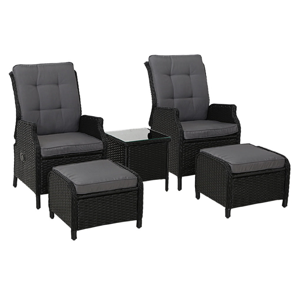 Gardeon 5PC Recliner Chairs Table Sun lounge Wicker Outdoor Furniture Adjustable Black - Bring To Door 