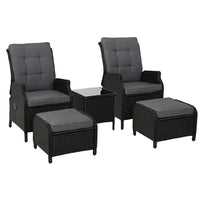 Thumbnail for Gardeon 5PC Recliner Chairs Table Sun lounge Wicker Outdoor Furniture Adjustable Black - Bring To Door 