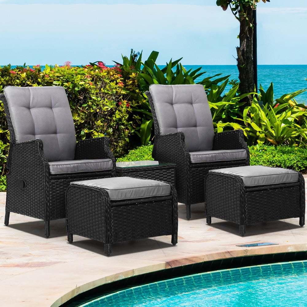 Gardeon 5PC Recliner Chairs Table Sun lounge Wicker Outdoor Furniture Adjustable Black - Bring To Door 