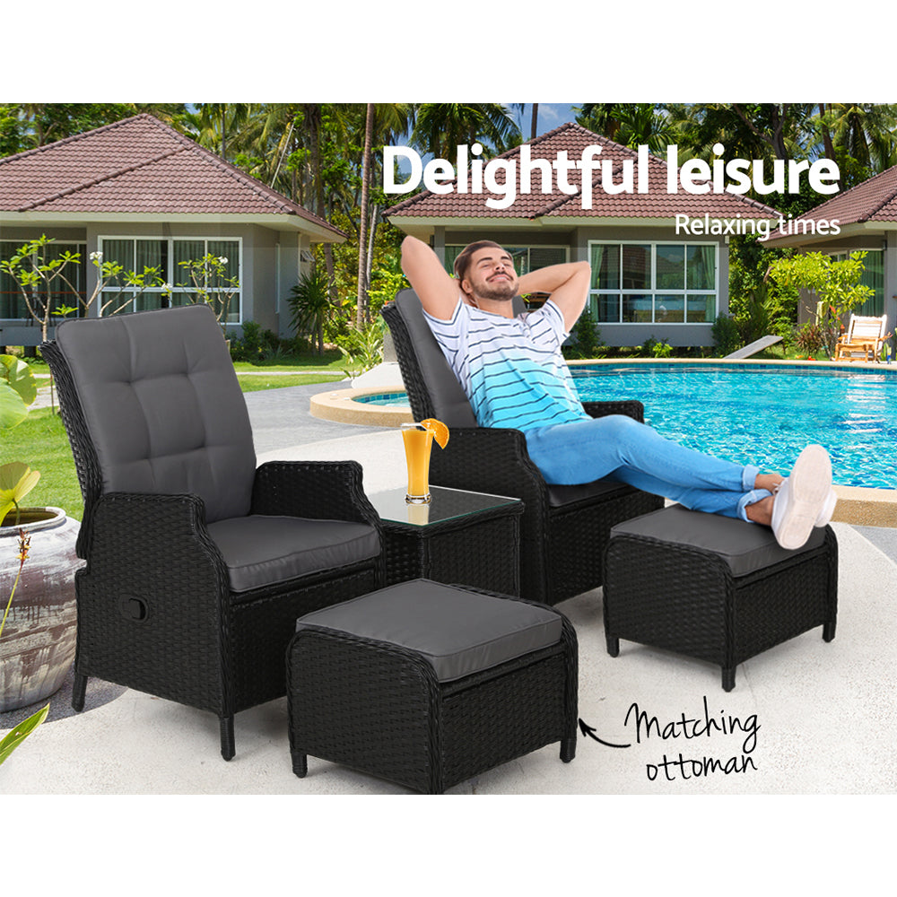 Gardeon 5PC Recliner Chairs Table Sun lounge Wicker Outdoor Furniture Adjustable Black - Bring To Door 