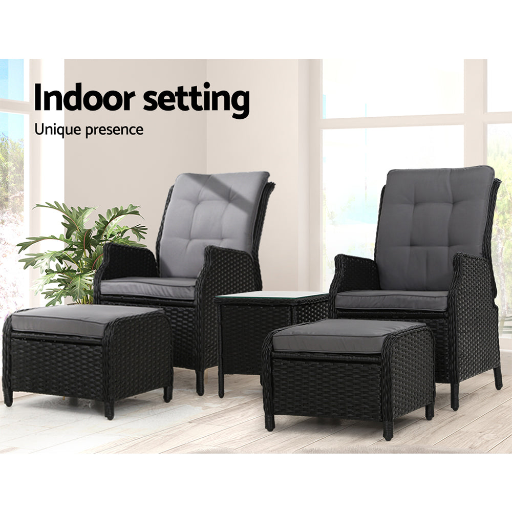 Gardeon 5PC Recliner Chairs Table Sun lounge Wicker Outdoor Furniture Adjustable Black - Bring To Door 