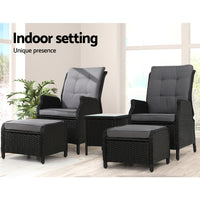 Thumbnail for Gardeon 5PC Recliner Chairs Table Sun lounge Wicker Outdoor Furniture Adjustable Black - Bring To Door 