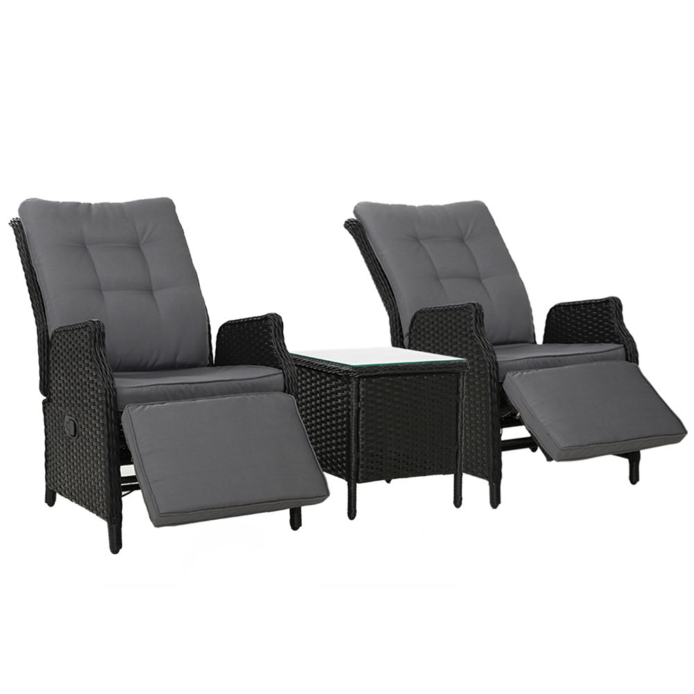 Gardeon 3PC Recliner Chairs Table Sun lounge Outdoor Furniture Wicker Adjustable Black - Bring To Door 