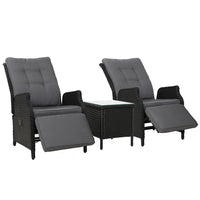 Thumbnail for Gardeon 3PC Recliner Chairs Table Sun lounge Outdoor Furniture Wicker Adjustable Black - Bring To Door 