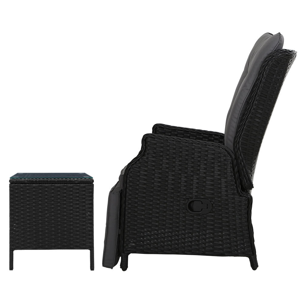 Gardeon 3PC Recliner Chairs Table Sun lounge Outdoor Furniture Wicker Adjustable Black - Bring To Door 