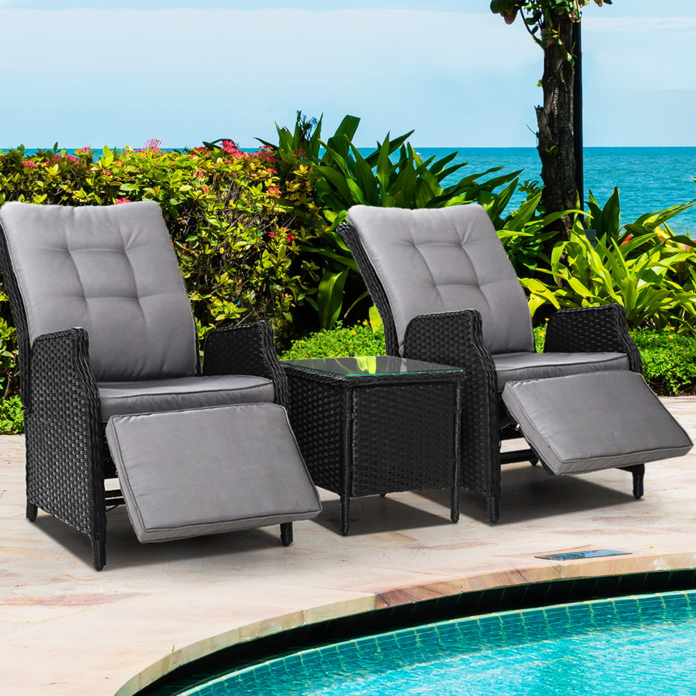 Gardeon 3PC Recliner Chairs Table Sun lounge Outdoor Furniture Wicker Adjustable Black - Bring To Door 