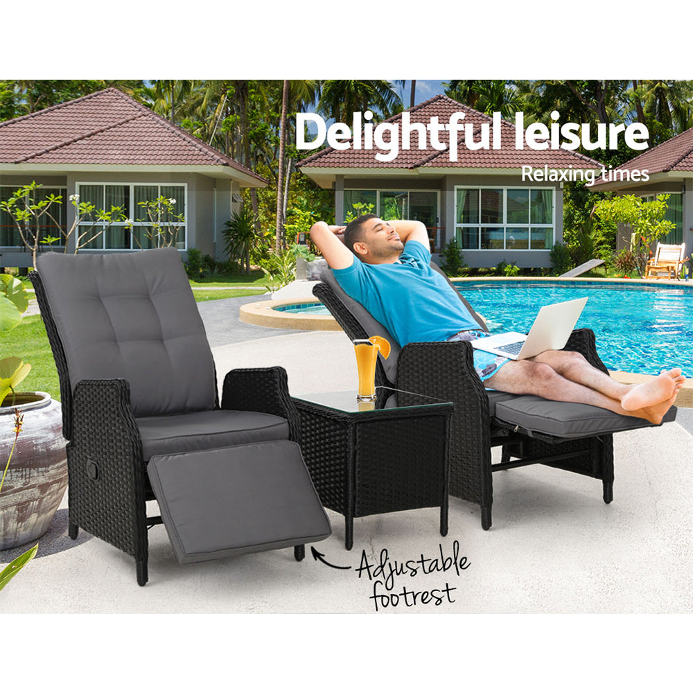 Gardeon 3PC Recliner Chairs Table Sun lounge Outdoor Furniture Wicker Adjustable Black - Bring To Door 