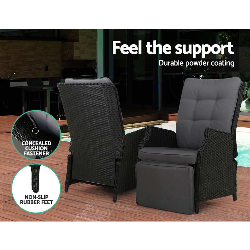 Gardeon 3PC Recliner Chairs Table Sun lounge Outdoor Furniture Wicker Adjustable Black - Bring To Door 